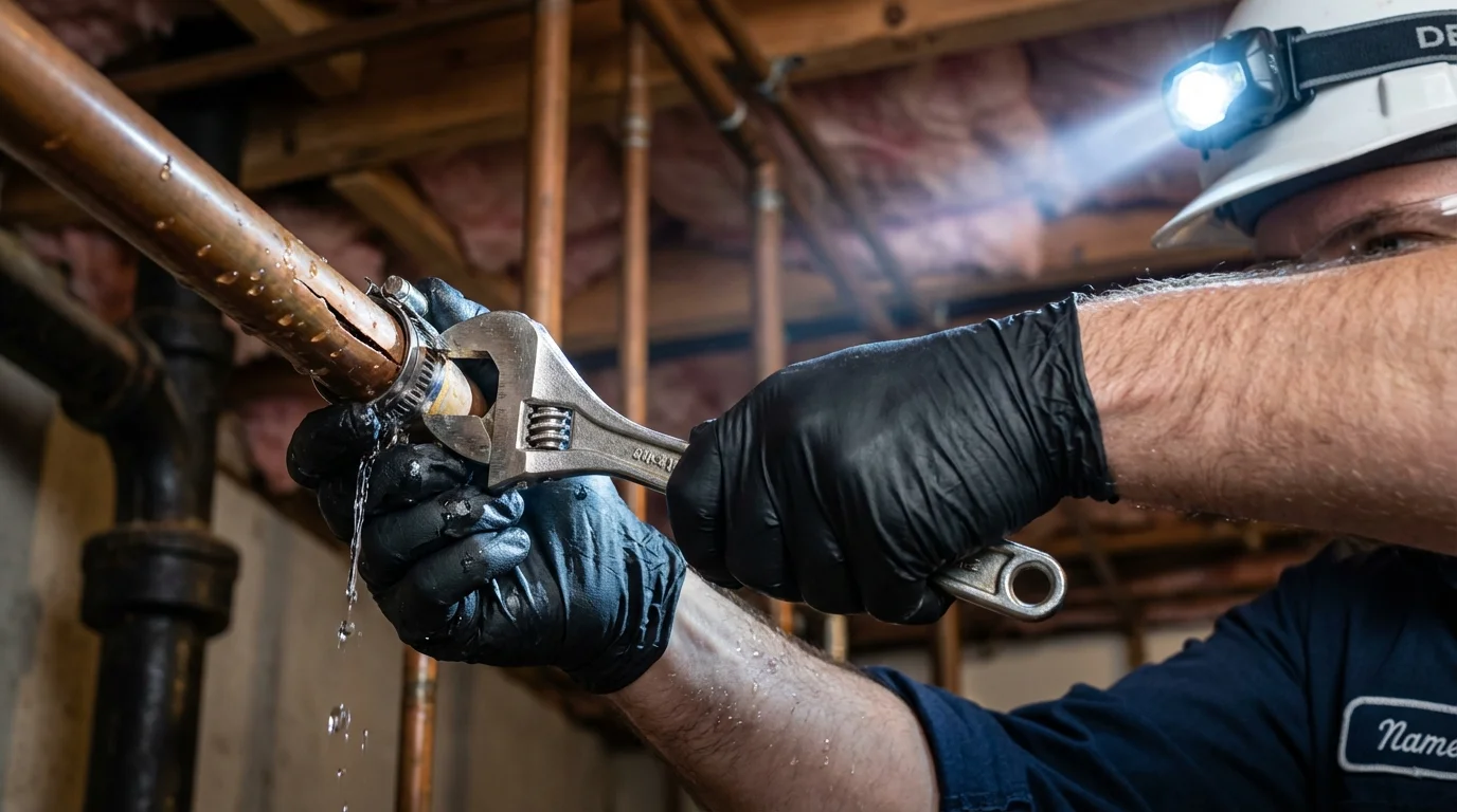 Emergency pipe clamp repair being performed by a Johns Plumbing LLC plumber in Needham