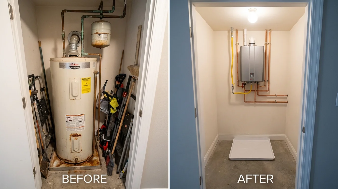 Tank water heater versus wall-mounted tankless unit comparison for Needham, MA homeowners